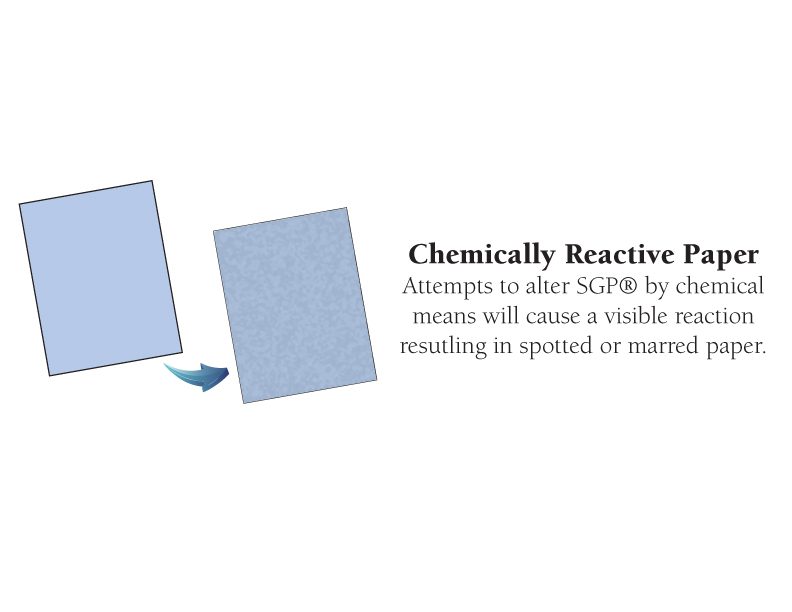 Chemically Reactive Paper Attemps to alter SGP by chemical means will cause a visible reaction resulting in spotted or marred paper